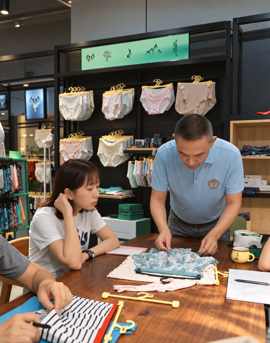 Sample review at the showroom table in front of finished underwear styles