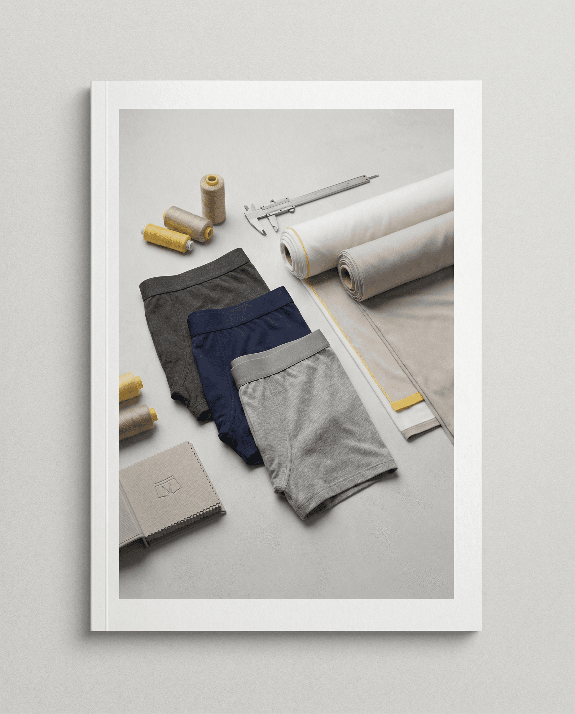 Abstract Man product catalog cover — underwear samples with fabric rolls and tools