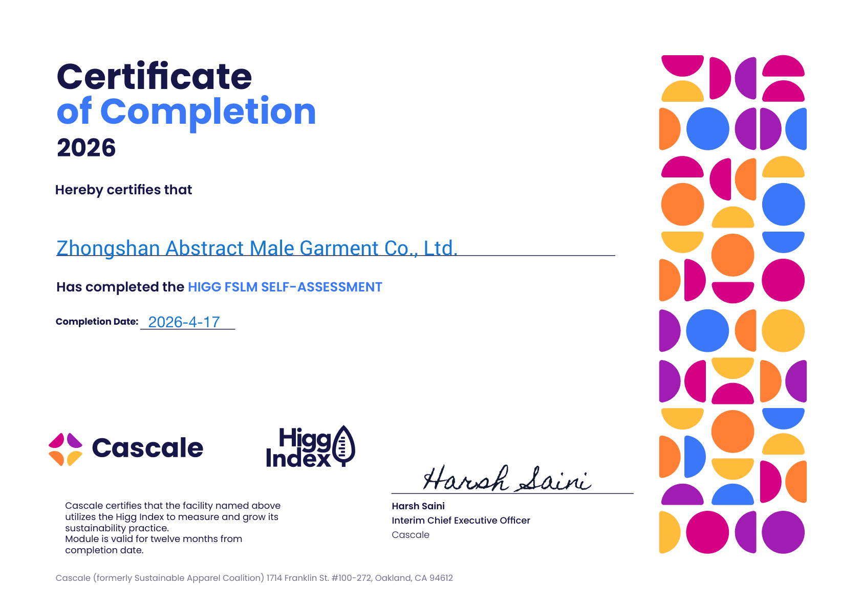 Cascale Higg FSLM self-assessment certificate of completion, 2026