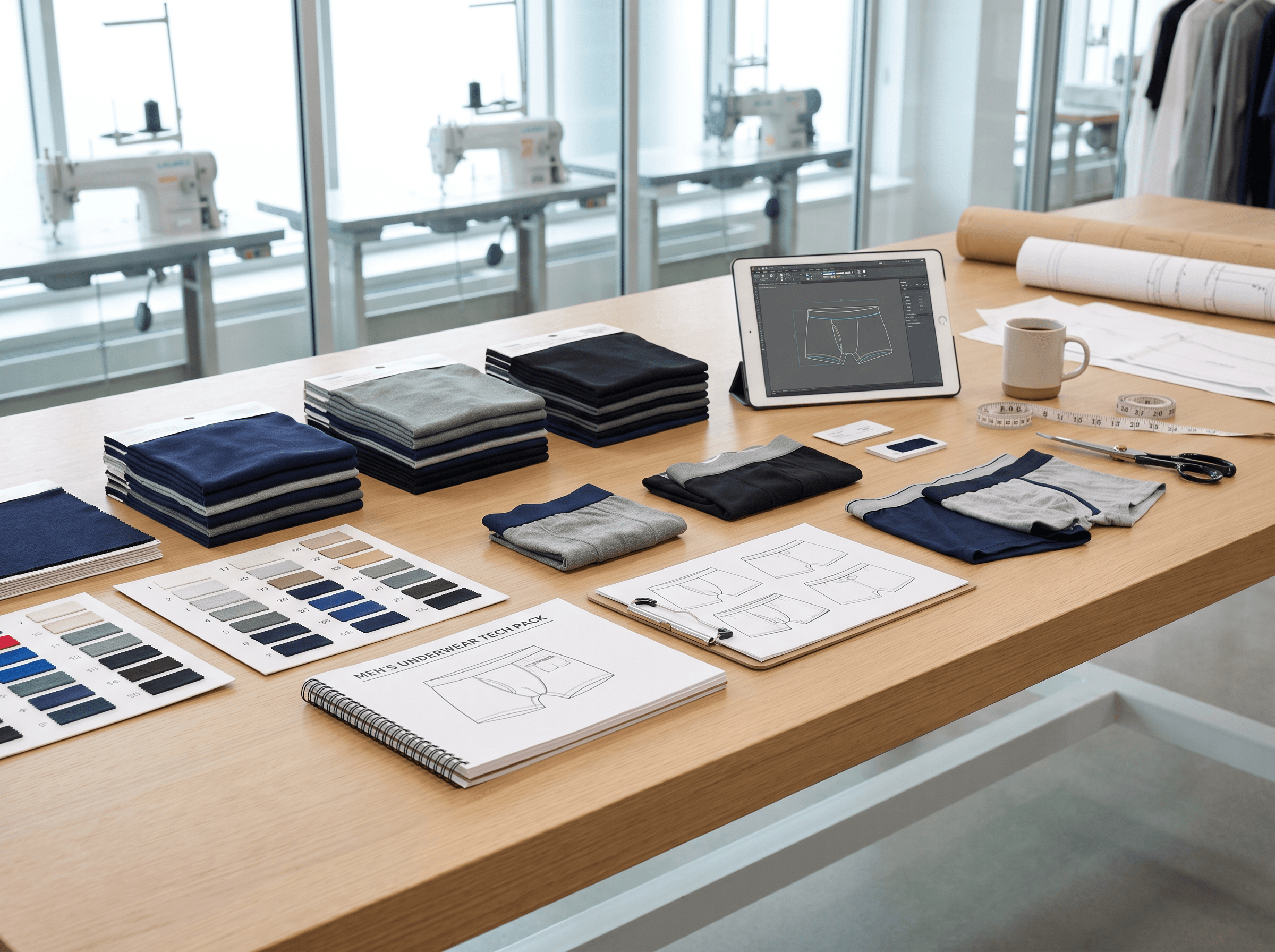 Development worktable with underwear patterns, fabric swatches, and cutting tools