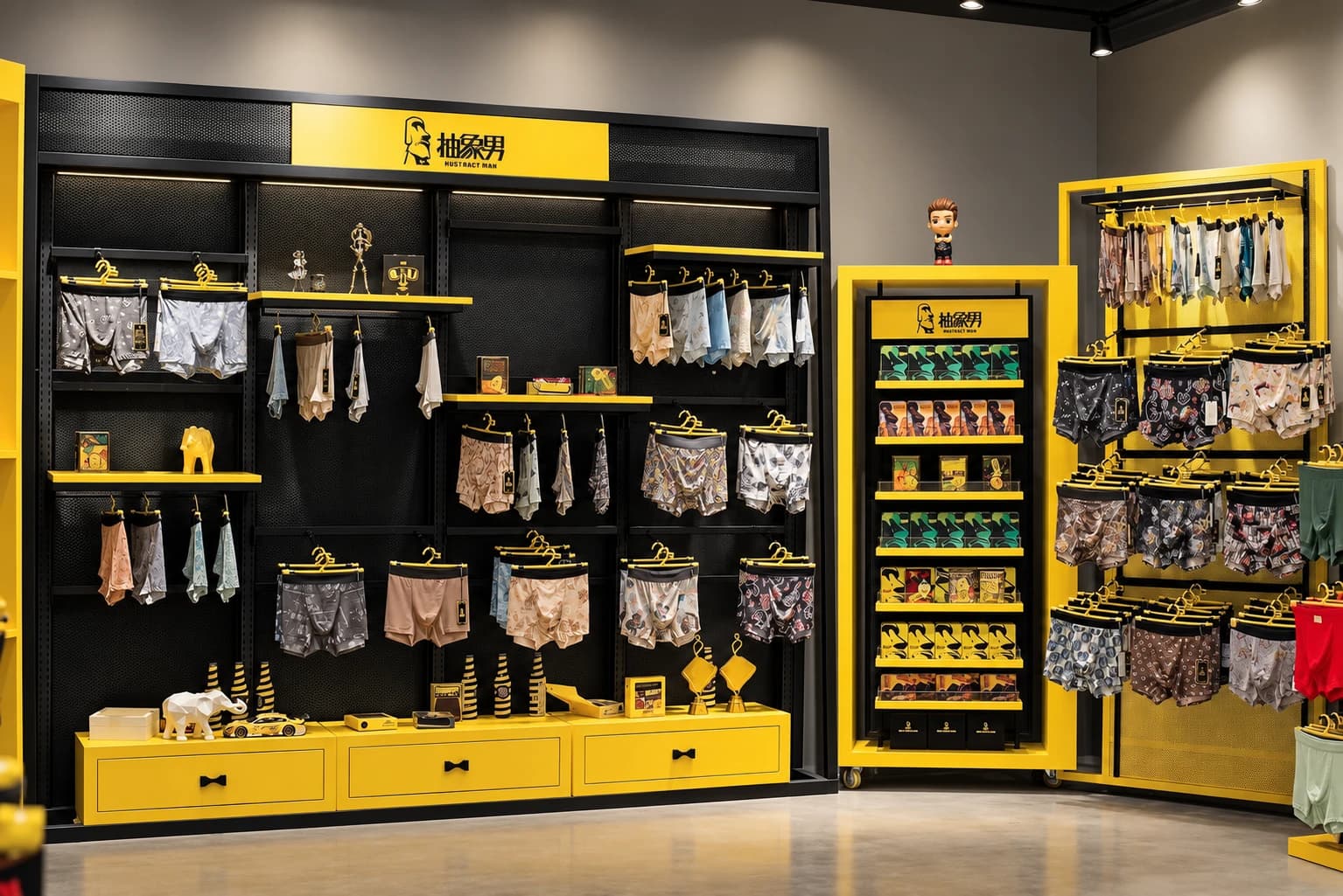 Underwear styles and boxed products on the black and yellow Abstract Man retail display